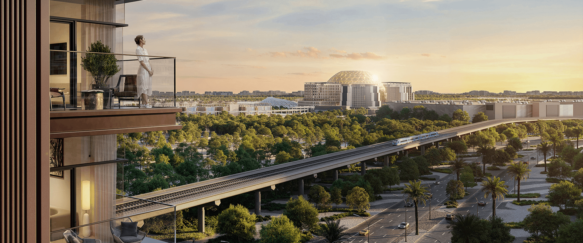 Dubai Creek Harbour panoramic view with a resident enjoying the sunset from a luxury apartment balcony